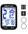 Digital display of GPS Bike Computer With Auto Backlight For Road And Mountain Riding Wireless Cycling Computer That Works As Speedometer And Odometer Waterproof Tracker Tracks Speed Distance Time Temp Altitude Gradient And More With 28 Hour Battery showing speed and various data with mounting accessories