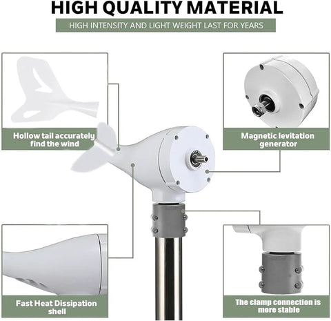 Close-up of Powerful 14000W Wind Turbine Kit With 8 Blades, MPPT Controller, showing hollow tail, generator, and clamp connection