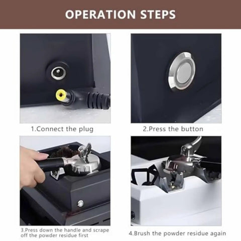 Step-by-step operation of Professional Grade Electric 58 Mm Portafilter Cleaner with plug, button, and scraper.