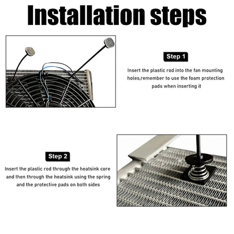 Installation steps for Shop Ready Fan Mounting Kit Install In A Snap With Heavy Duty Push Through Radiator Tie Straps.