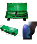 110V 1600W Hot Air Welder Gun For Plastic Repairs And DIY Projects in green case with knee pad and dimensions shown