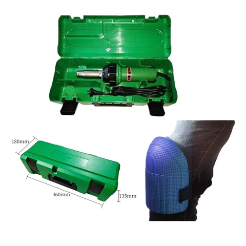 110V 1600W Hot Air Welder Gun For Plastic Repairs And DIY Projects in green case with knee pad and dimensions shown