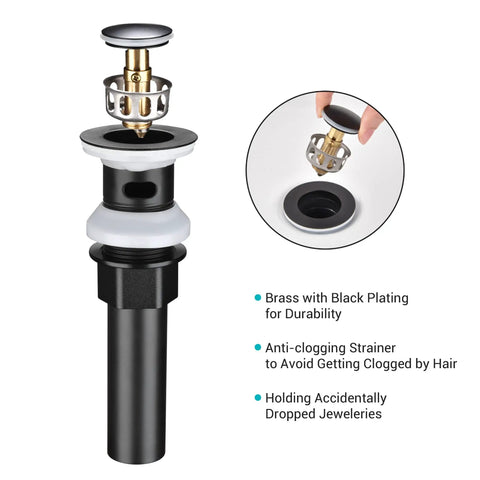 Brass pop up drain with black plating, anti-clogging strainer for 20 Inch Rectangular Ceramic Vessel Sink With Overflow For Above Counter Dope White Porcelain, Pop Up Drain And Widespread Faucet Holes, Modern Bathroom Upgrade That Fits Any Decor