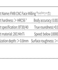 FMB CNC Face Milling Tool Handles specifications overview including hardness, material, and accuracy details.