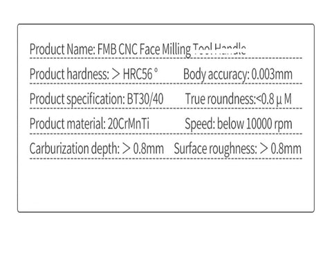 FMB CNC Face Milling Tool Handles specifications overview including hardness, material, and accuracy details.
