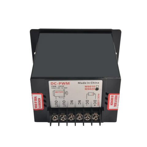 Front view of DC 12V-60V 20A PWM Brushed Motor Speed Controller with Forward and Reverse, M6020 style, black casing, plug-and-play.