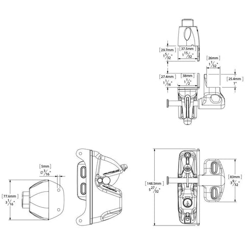 Technical drawing of Heavy Duty Adjustable Gate Latch With Six Pin Key Lock, Rekeyable Fence Hardware Fits Square Posts Up To Six Inches.