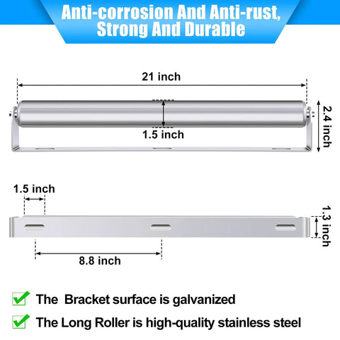 Heavy Duty Boat Trailer Rollers Set of 4, 21 inch long stainless steel roller with galvanized mount and 1.5 inch diameter.