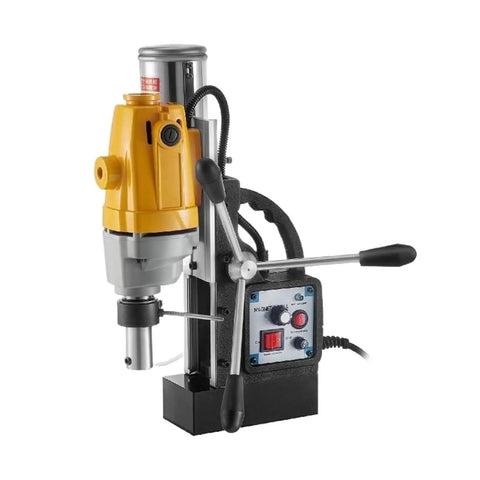 Powerful 40Mm Magnetic Drill Press With 1100W Motor, featuring a yellow motor and control panel for precision drilling on steel.