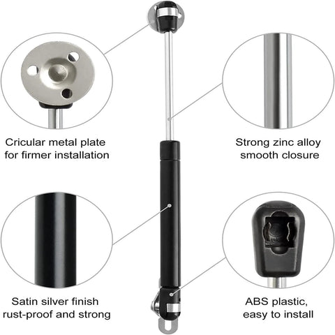 vrbabies 2-pack 10in gas struts, 100N; satin silver finish, zinc alloy rod, ABS end, for cabinet lids and toy boxes