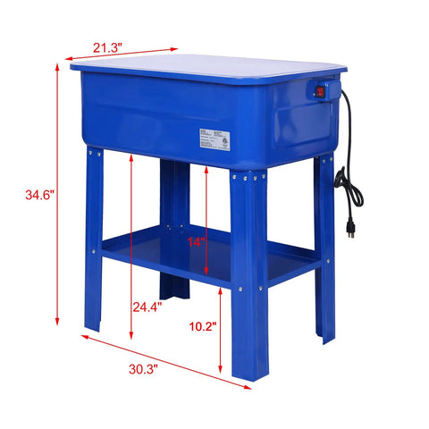 Heavy Duty 20 Gallon Parts Washer With 110V Electric Pump And Flexible Gooseneck Spray Wand side view dimensions displayed