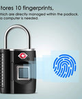 Image of a keyless fingerprint lock with TSA approval for gym luggage travel home storage, highlighting fingerprint scan feature.