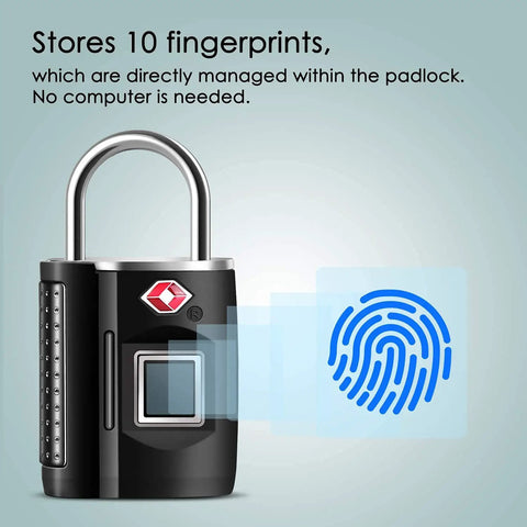 Image of a keyless fingerprint lock with TSA approval for gym luggage travel home storage, highlighting fingerprint scan feature.