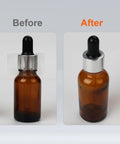 Before and after amber dropper bottle with 600 Pack Clear Heat Shrink Bottle Seals For Essentials Oils Droppers And Test Tubes Easy To Use Tamper Proof Shrink Bands Fits 1.8 X 1.2 Inch Caps Ideal DIY Bottling And Bottles Wrap Pro Grade.