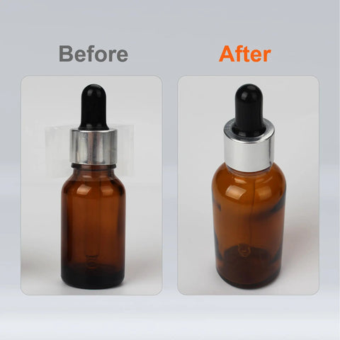 Before and after amber dropper bottle with 600 Pack Clear Heat Shrink Bottle Seals For Essentials Oils Droppers And Test Tubes Easy To Use Tamper Proof Shrink Bands Fits 1.8 X 1.2 Inch Caps Ideal DIY Bottling And Bottles Wrap Pro Grade.
