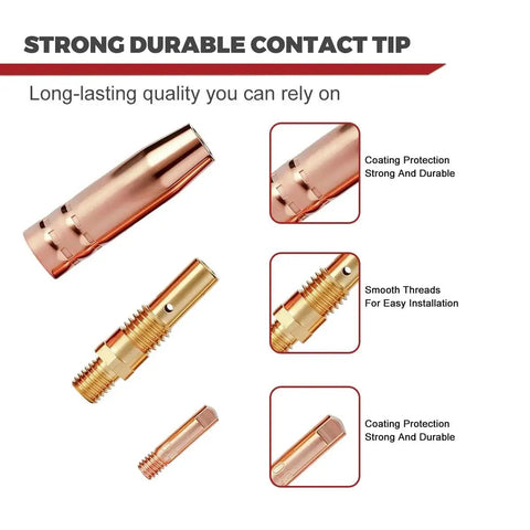 Copper parts of 24 Pack Mig Welding Gun Replacement Kit With Nozzles Diffusers And 0.035 Inch Tips, focus on contact tips