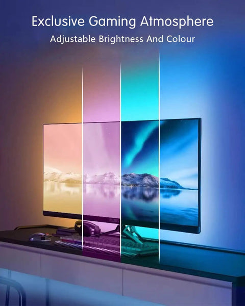 USB Powered RGB 15 Color LED Strip Lights With Remote Control 6.56ft for TV backlighting in multicolored gaming setup.