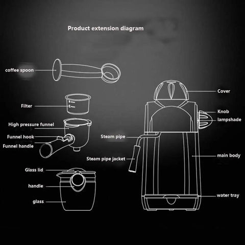 Diagrams of parts for Espresso Machine With Milk Frothing Arm 5 Bar Pump 730W 240Ml Capacity Sleek Black Finish For Quick Rich Espresso