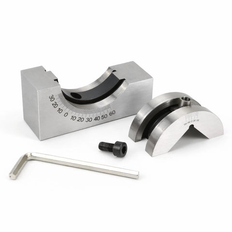 Front view of stainless steel adjustable angle V-block milling gauge set with 0–60° scale, includes hex wrench.