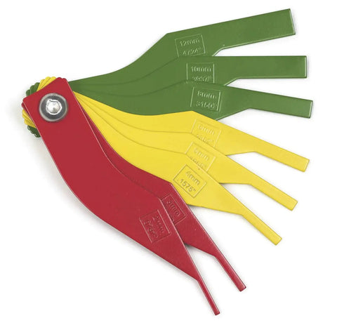 Color-coded brake lining thickness gauge from 15 Piece Brake Service Set For Disc And Drum Brakes With Heavy Duty Spreader Shoe