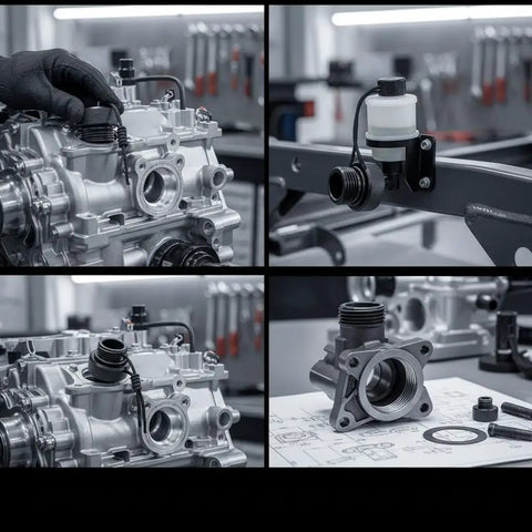 Black Scubas DIN Tank Valve Dust Cover with Cord End Cap in workshop, shown protecting regulator port from dust and moisture.