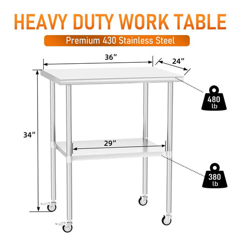 Diagram of the Stainless Steel Utility Work Table On Wheels 24 By 36 Heavy Duty Kitchen Cart With Adjustable Undershelf detail and dimensions