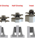 Comparison of full, half, and inset overlay cabinet hinges with diagrams, includes 95 Degree Full Overlay Face Frame Cabinet Hinge With 40mm Arm Hydraulic Damper Soft Close For Heavy Thick Doors Short Arm Hinges For Cupboard Wardrobe Pack Of 4.