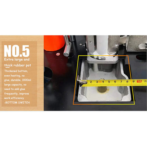 Close-up of Portable Edge Banding Machine For Wood And PVC Double Sided Gluing 1200W showing large rubber pot being measured