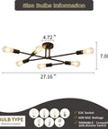 Six Light Vintage Sputnik Chandelier In Matte Black Metal Semi Flush Mount Ceiling Light Fixture dimensions and bulb info