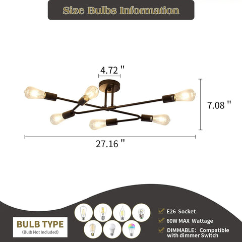 Six Light Vintage Sputnik Chandelier In Matte Black Metal Semi Flush Mount Ceiling Light Fixture dimensions and bulb info
