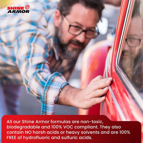 Person applying Car Scratch Remover And Swirl Repair Polish 4oz With Water Repellent Gloss Finish to a red car door