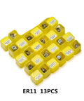 Precision Spring Collet Holder Set For Engraving CNC Milling And Lathe Tools 0.015mm Accuracy with ER11 13PCS in yellow storage case.