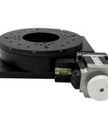 Motorized Precision Rotary Stage For Labs And Cnc Machines Featuring Opto Isolated Control And Wide Stepper Motor Support Up To 86 Mm with black base and stepper motor