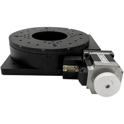 Motorized Precision Rotary Stage For Labs And Cnc Machines Featuring Opto Isolated Control And Wide Stepper Motor Support Up To 86 Mm with black base and stepper motor