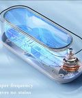 Pro Grade Ultrasonic Jewelry Cleaner with transparent 300ml tank and digital timer showcasing 47kHz high frequency cleaning.