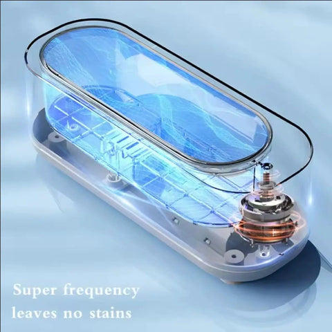 Pro Grade Ultrasonic Jewelry Cleaner with transparent 300ml tank and digital timer showcasing 47kHz high frequency cleaning.