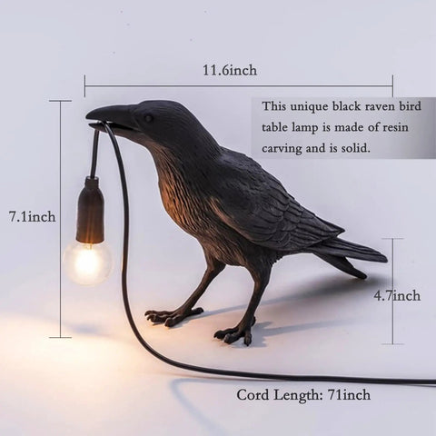 Cool Crow Table Lamp With Resin Bird Design, black finish, shows measurements for body and cord; LED bulb hanging from beak.