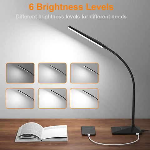 Dope LED Desk Lamp With USB Charging Port, Eye-Caring Light For Dorm, Office, Bedroom; showing adjustable neck and brightness levels