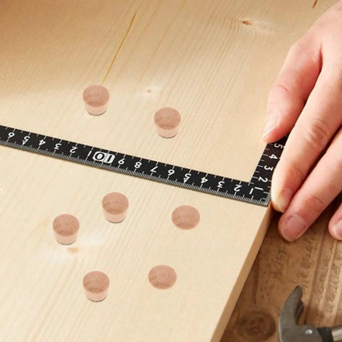 Wood Plugs Set For Carpenter Bee Holes, Natural Finish, 50 Pcs Wood Hole Covers on wood with measuring tape, DIY Projects