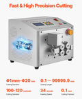 Automatic Heat Shrink Tube Cutter With Lcd Display Heavy Duty Pvc Pe Silicone Pipe Trimmer showing precision cutting unit with blue light