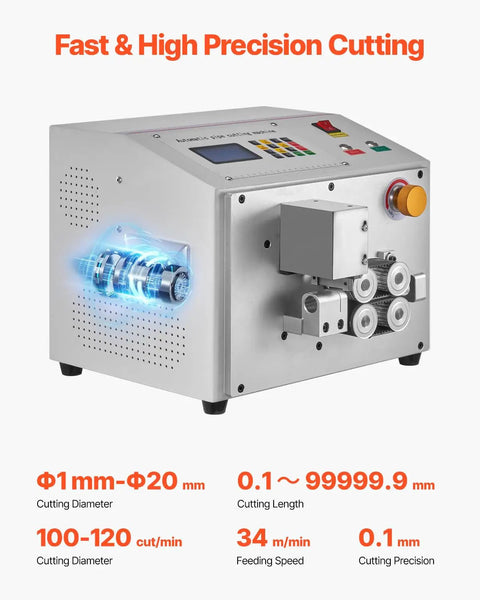 Automatic Heat Shrink Tube Cutter With Lcd Display Heavy Duty Pvc Pe Silicone Pipe Trimmer showing precision cutting unit with blue light