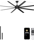 84 Inch Ceiling Fan No Light With Remote And App Control, shown with included downrods, remote, and app interface, black finish