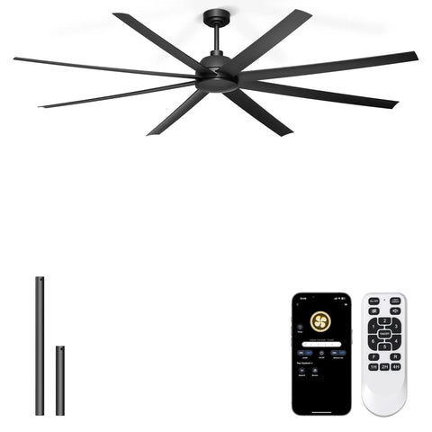 84 Inch Ceiling Fan No Light With Remote And App Control, shown with included downrods, remote, and app interface, black finish