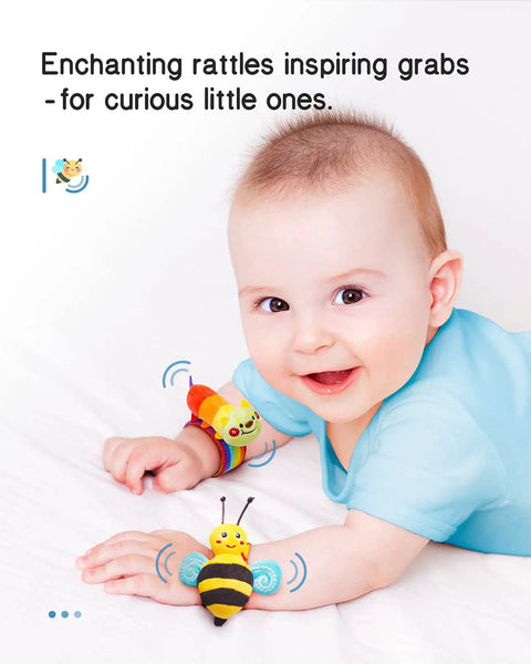 Kickass Infant Sensory Play Kit Featuring Ultra Bright Wrist Rattles And Comfy Foot Finder Socks Crafted For Teething Toddlers Ages 0 To 12 Months Is The Ultimate Milestone Gift: baby boy smiling with colorful wrist rattle toys.