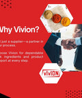 Vivion partnership infographic with handshake, spices, and company logo emphasizing dependable bulk ingredients and support.