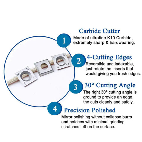 Carbide inserts showcasing 4 cutting edges, made from ultrafine K10 carbide, for precision cutting in woodworking.