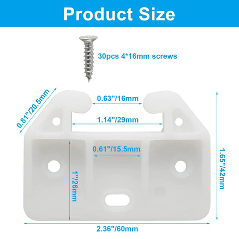 White Plastic Drawer Slides Featuring Five Hole Track Guides Plus Screws For Quick Center Mount Setup Smoothes Sticky Tracks Takes The Wobble Out And Gets Your Cabinets Running Like New, showing dimensions and included screws.