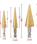 Premium Titanium Step Drill Bit Set For Metal Wood And Plastic Jobs With Hex Shank Design And Multiple Hole Sizes That Make A Perfect Addition To Any Toolbox For Tough Drilling Projects. 3-piece set, 6.35MM hex shank, 4-12, 4-12, 4-20MM