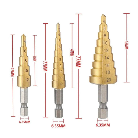 Premium Titanium Step Drill Bit Set For Metal Wood And Plastic Jobs With Hex Shank Design And Multiple Hole Sizes That Make A Perfect Addition To Any Toolbox For Tough Drilling Projects. 3-piece set, 6.35MM hex shank, 4-12, 4-12, 4-20MM