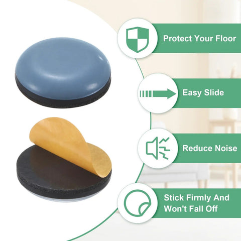 20-Pack Furniture Sliders With Self Adhesive PTFE Pad Mover Glides For Chair Kitchen Appliances And Round Floor Protectors In Grey showing top and bottom views.